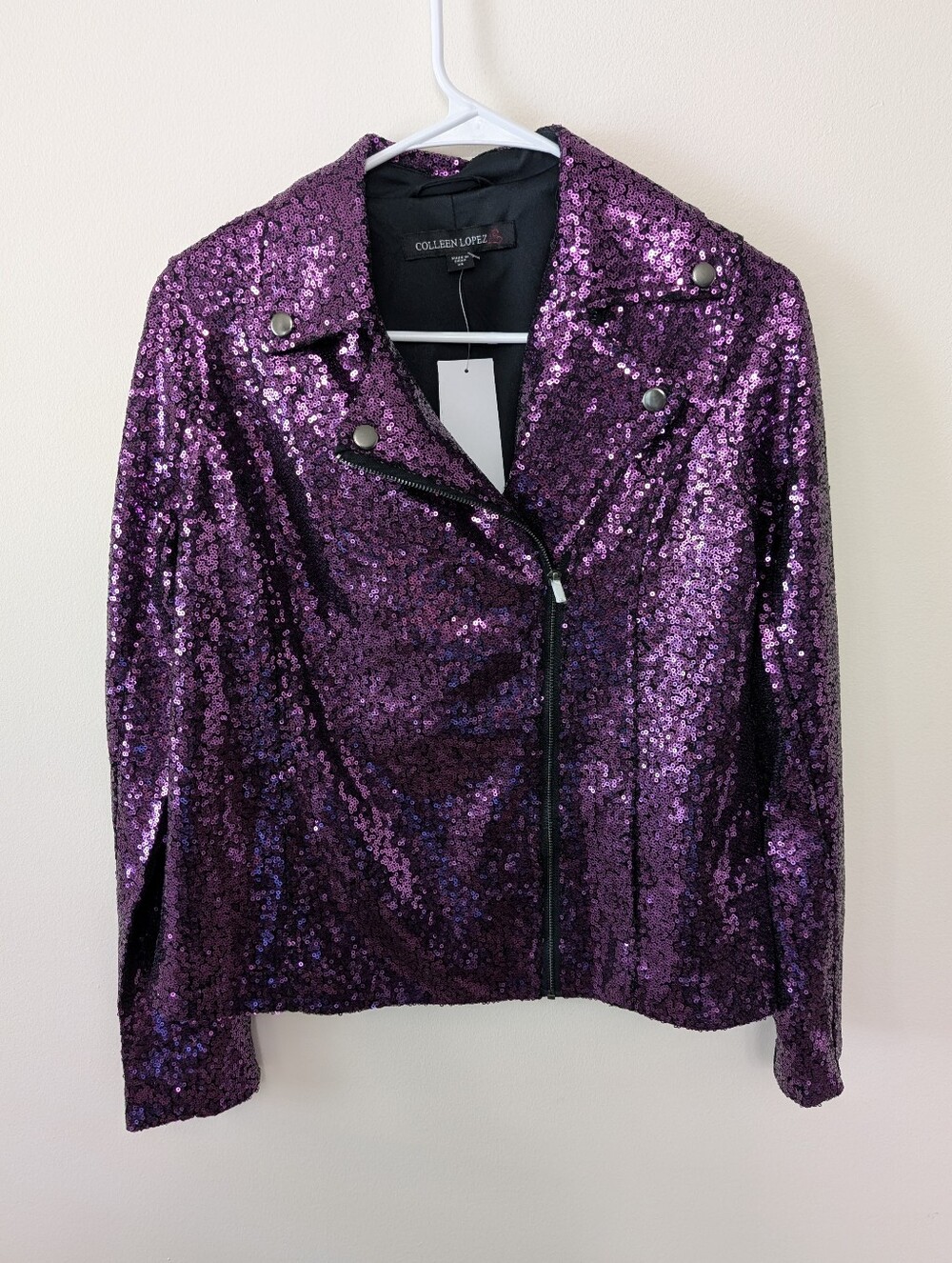 Colleen Lopez Women's Purple Luxe Sequin Moto Jacket Size X-Small New
